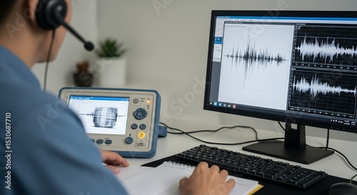 Audiologist Analyzing Sound Waveforms on Computer and Device