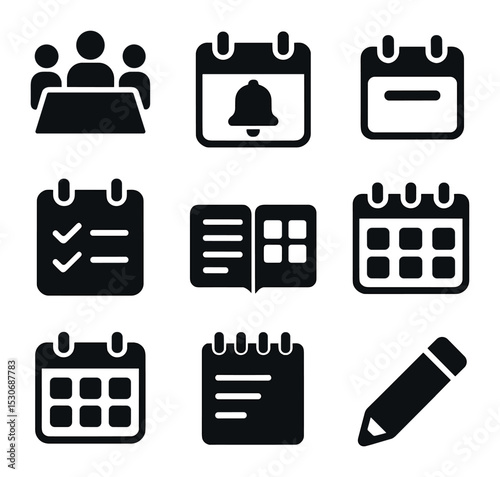 Modern Planning Icons. Solid, filled icons set of scheduling and planning: meeting icon, event reminder,