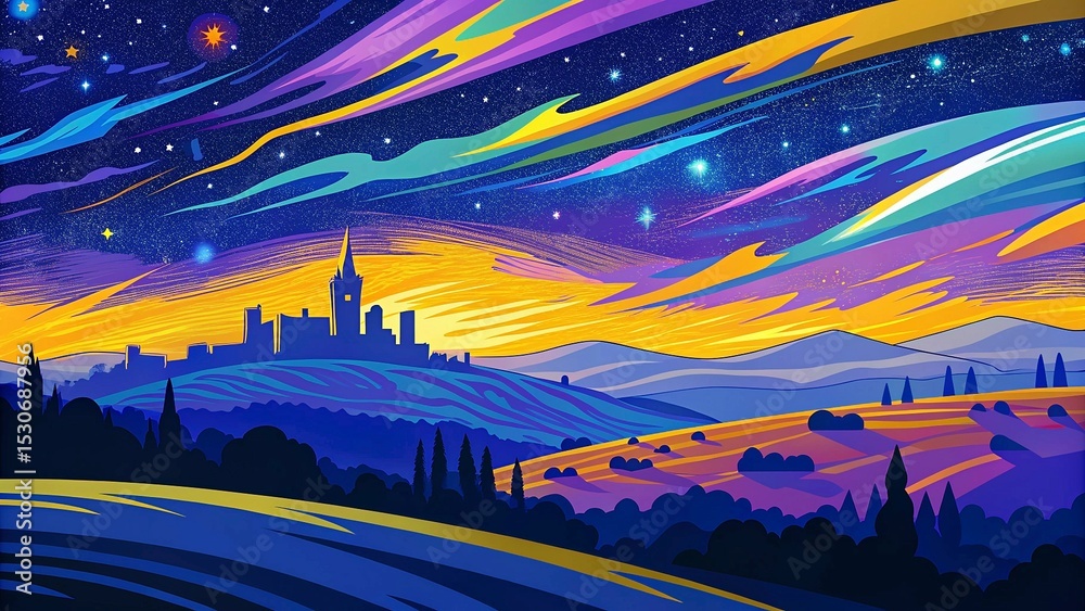 Fototapeta premium Night sky with stars and city on the horizon. Vector illustration.
