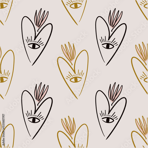 Sacred hearts seamless pattern mystical boho hand drawn sketchy style handmade illustration. Trendy bohemian vintage love symbol element in catholic aesthetic Valentine burning heart day clip-art