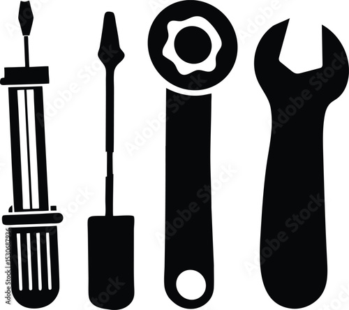 Silhouette of Essential Tools: A collection of essential hand tools, presented as bold, black silhouettes, ready for any DIY task or repair. Including a screw driver, wrench and sockets.