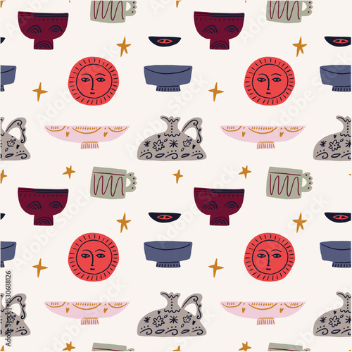 Cute pottery seamless pattern modern ceramics graphics hobby abstract vases and vessels background, handmade pottery wallpaper vector surface design in minimalist style. Organic shapes cutout collage