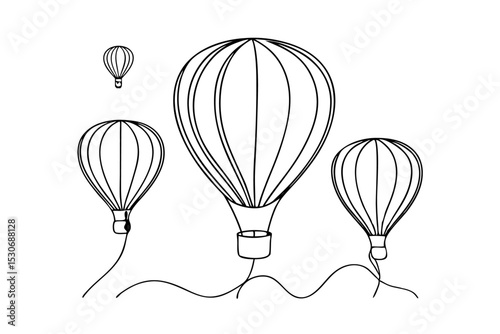 Continuous line art design of hot air balloons soaring in the sky isolated on transparent background