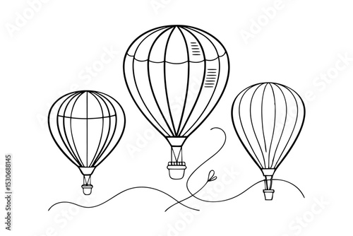 Continuous line art design of hot air balloons soaring in the sky isolated on transparent background