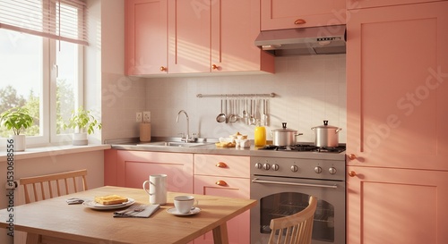 Sunlit Pink Kitchen with Breakfast Toast and Coffee