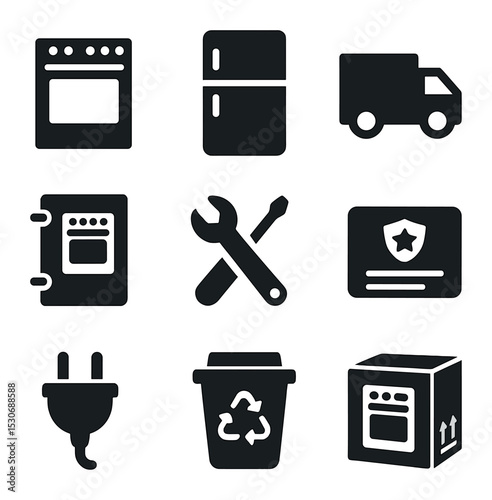 Appliance Replacement Icons. Solid, filled icons set of replacing kitchen appliances: oven, refrigerator,