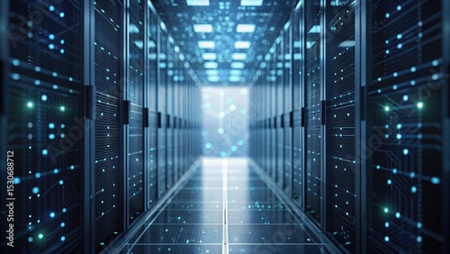 Futuristic data center corridor with illuminated panels and circuit patterns creating a high-tech atmosphere.