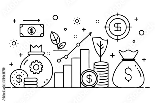 Continuous line art graph depicting financial growth isolated on transparent background
