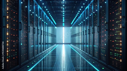 Futuristic data center corridor with illuminated server racks and reflective flooring, showcasing advanced technology.