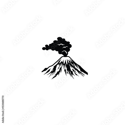 A volcanic mountain with smoke rising from the top silhouette on white background