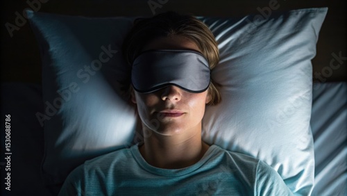 Person wearing an eye mask resting on a pillow, in a dimly lit room, suggesting relaxation or sleep.