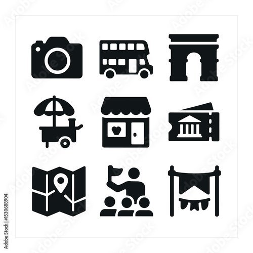 City Exploration Icons. Solid, filled icons set of city exploration activities: photo camera, sightseeing bus,