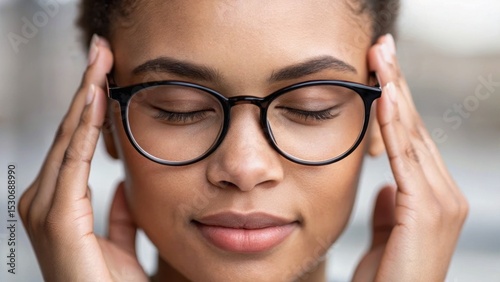 A woman with glasses is holding her temples, eyes closed, conveying a sense of calm and contemplation.