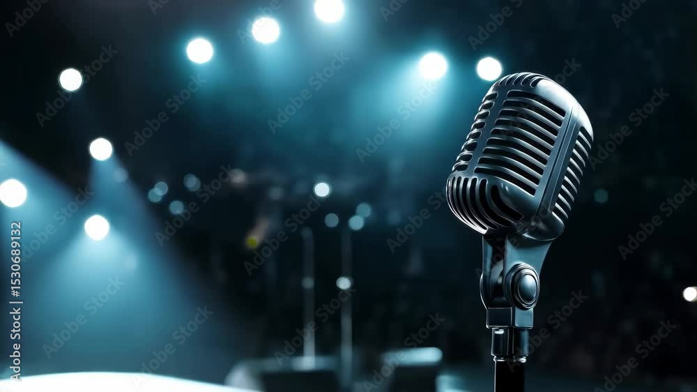 concert microphone on the stage in light and spotlights on the background