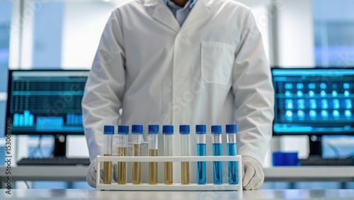A lab technician in a white coat stands before a display of test tubes and monitors, showcasing various liquid samples in a modern laboratory setting.