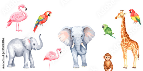 Cute wild animals with babies, elephant, parrot, giraffe, zebra and lion, isolated on white background