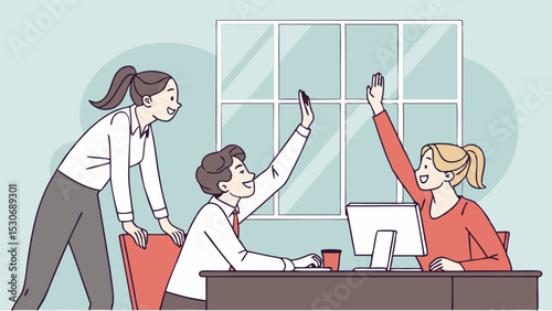 Three colleagues celebrating at the office with a high five near a computer and a window in the background