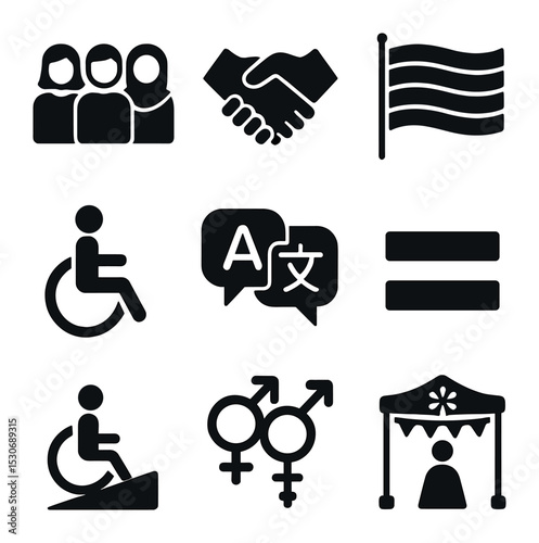Inclusive Community Icons. Solid, filled icons set of inclusive community spaces: diverse group, handshake,