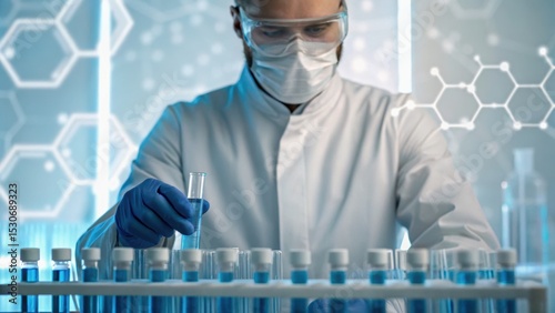 Scientist in a lab coat and protective gear conducts experiments with test tubes in a high-tech laboratory setting.