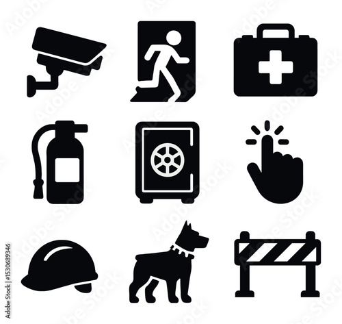 Safety Icons Grid. Solid, filled icons set of physical safety environments: security camera, emergency exit,