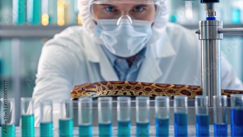 A scientist in a lab coat examines a snake amid colorful laboratory glassware filled with liquids.