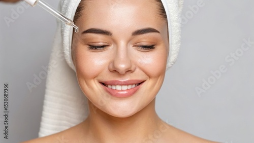 A woman with a towel on her head smiles while applying a serum to her face, showcasing a skincare routine.
