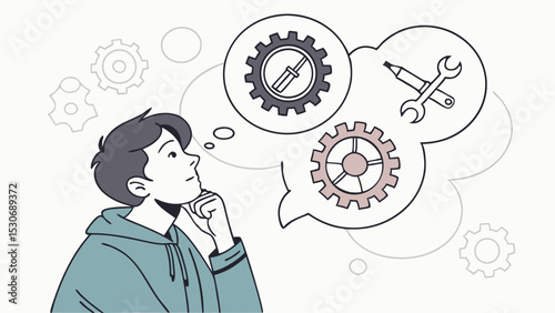Illustration of a person thinking about gears and tools with thought bubbles on a white background