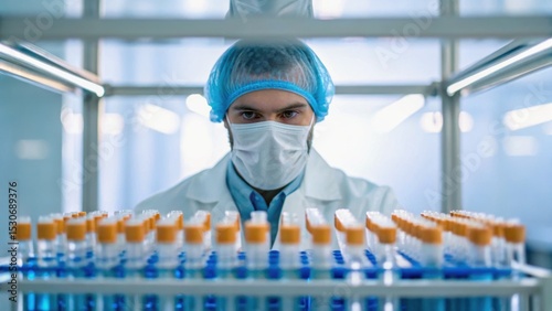 Scientist in protective gear examines test tubes in a lab, showcasing a focus on research and safety in a sterile environment.