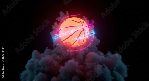 Animated Digital Basketball Sphere Erupting From Smoky Cloud With Surrounding Glowing Pixelated Rings Against Dark Night Background