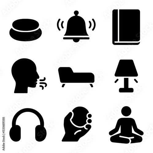 Mental Health Icons. Solid, filled icons set of mental health safe spaces: meditation cushion, mindfulness