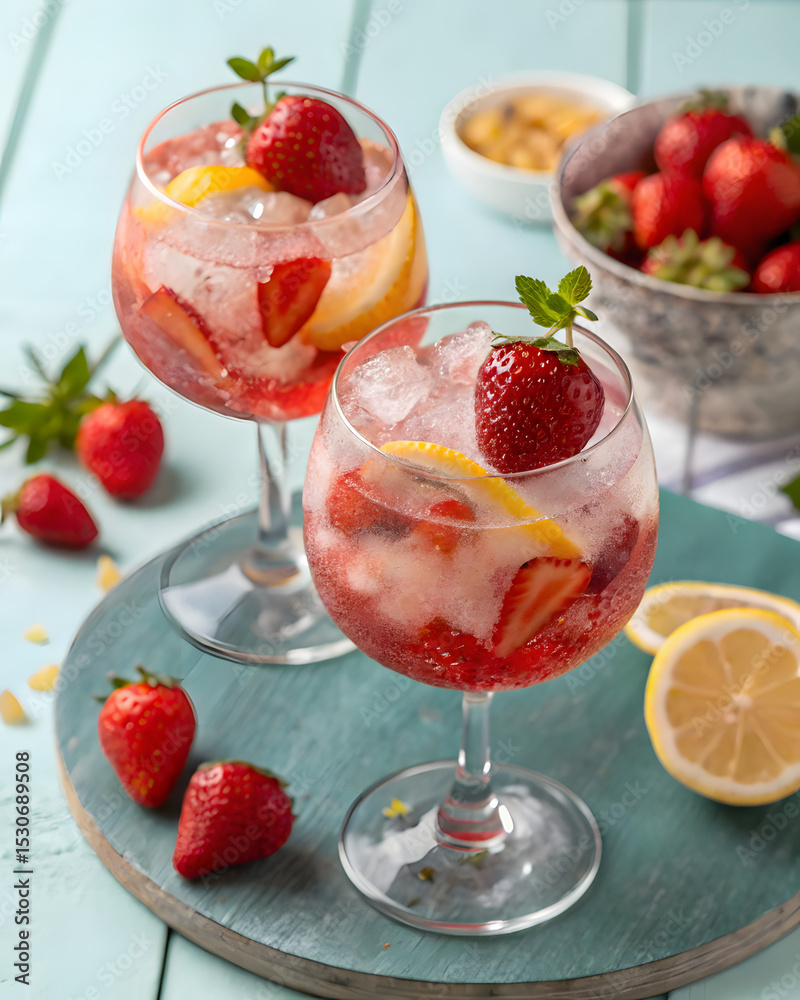 Two elegant glasses of refreshing strawberry cocktail garnished with fresh strawberries and lemon slices on a light teal table, creating a lively and vibrant atmosphere Two elegant glasses of refreshing strawberry cocktail garnished with fresh strawberries and lemon slices on a light teal table, creating a lively and vibrant atmosphere