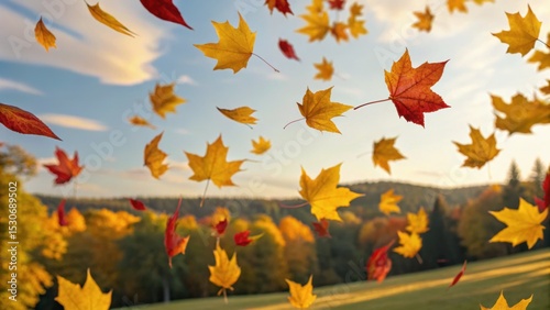 Colorful autumn leaves fall gracefully against a bright sky, creating a vibrant seasonal atmosphere in a picturesque landscape.