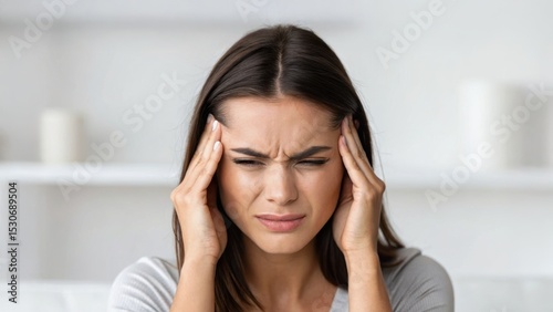 A woman is experiencing a headache, holding her temples with a pained expression in a softly lit room.