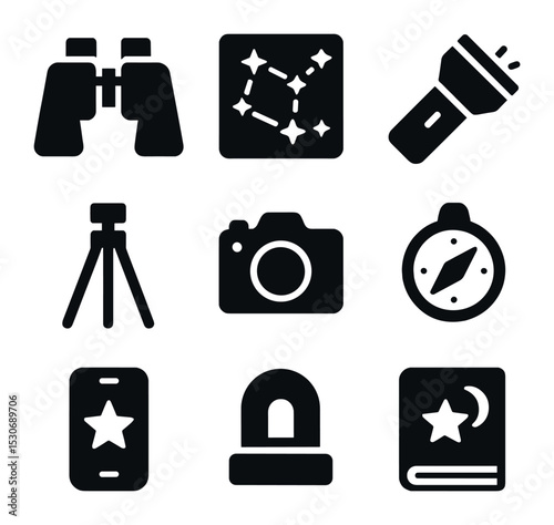 Stargazing Equipment Icons. Solid, filled icons set of stargazing equipment: binoculars, star chart,