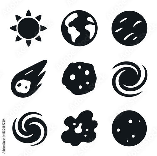Celestial Icons Grid. Solid, filled icons set of celestial bodies: sun, earth, mars, comet, asteroid, black