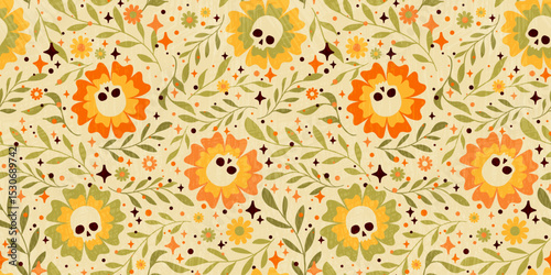 Halloween Skull Flower Beige Seamless Pattern