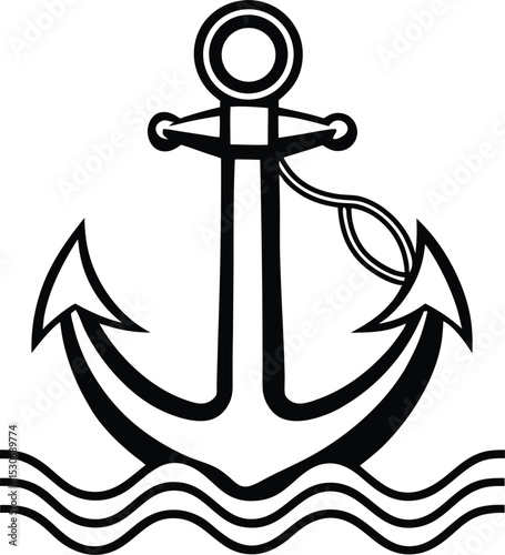 A Anchor With Wave  Silhouette Line Art Vector Illustration On White Background