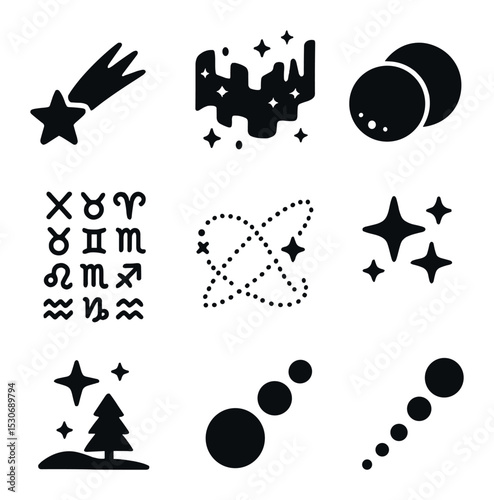 Night Sky Icons. Solid, filled icons set of night sky phenomena: shooting star, aurora borealis, lunar eclipse