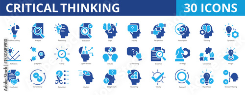 Critical thinking icon pack dual tone collection set with problem solving, analysis, reasoning, evaluation, logic, inquiry, perspective, assumption, thinking, synthesis, reflection, clarity