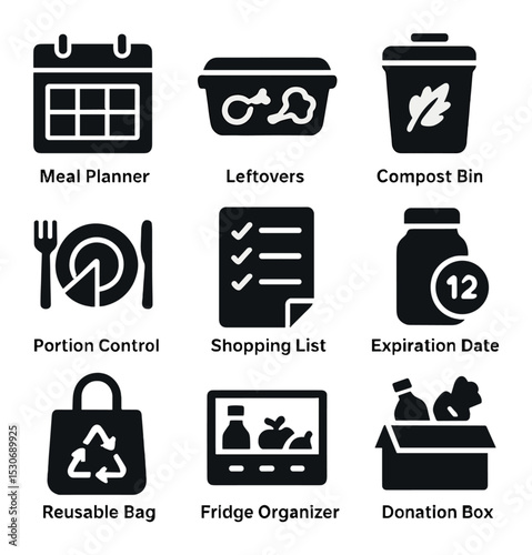 Food Waste Icon Set. Solid, filled icons set of food waste reduction at the consumer level: meal planner,