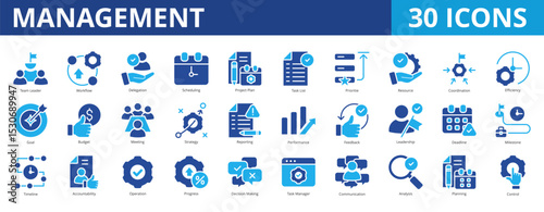Management icon pack dual tone collection set with team leader, workflow, delegation, scheduling, project plan, task list, prioritize, resource, coordination, efficiency, goal, budget, strategy
