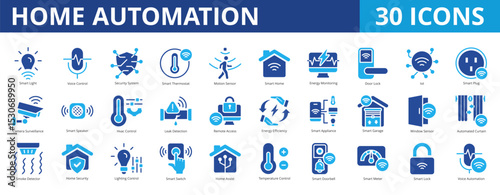 Home automation icon pack dual tone collection set with smart light, voice control, security system, smart thermostat, motion sensor, energy monitoring, door lock, iot, smart plug, surveillance
