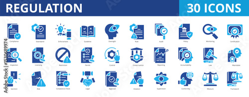 Regulation icon pack dual tone collection set with compliance, standard, enforcement, guideline, oversight, rule, audit, policy, monitoring, certification, inspection, licensing, restriction, permit