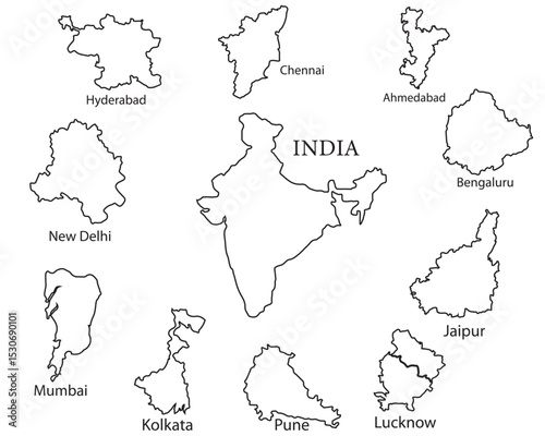 Silhouette map of India with outlines of major cities including Delhi, Mumbai, Chennai, Hyderabad, Bengaluru, and more. Modern vector style black outline city shapes on white background