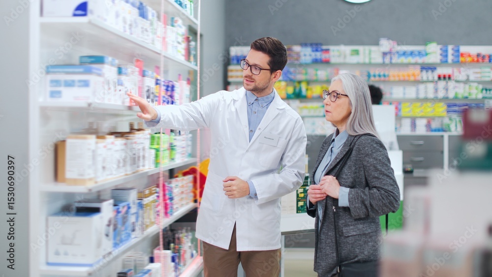 Obraz premium Male pharmacist advising medicine to female client. Man druggist advising pills to woman customer. Caucasian pharmacist and customer in pharmacy. Senior woman choosing drugs in drugstore.