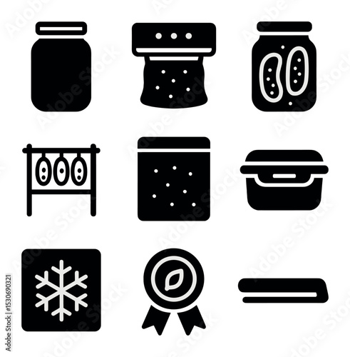 Food Preservation Icons. Solid, filled icons set of food preservation methods: canning jar, vacuum sealer,