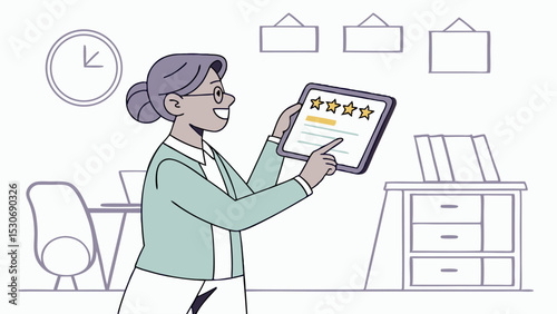 Woman with glasses holding a tablet displaying a four star rating in a room with furniture and decor