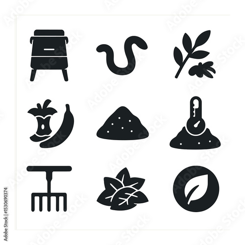Composting Icons Set. Solid, filled icons set of composting at home: compost bin, worm icon, green waste,
