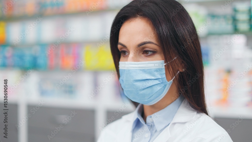 Female pharmacist looking at computer screen. Woman pharmacist introducing new batch of drugs. Woman in robe and protective mask at background of medicine packaging. Caucasian pharmacist in drugstore. Female pharmacist looking at computer screen. Woman pharmacist introducing new batch of drugs. Woman in robe and protective mask at background of medicine packaging. Caucasian pharmacist in drugstore.