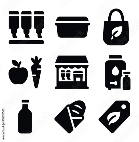 Zero Waste Icons. Solid, filled icons set of reducing packaging waste: bulk bins, reusable containers, cloth